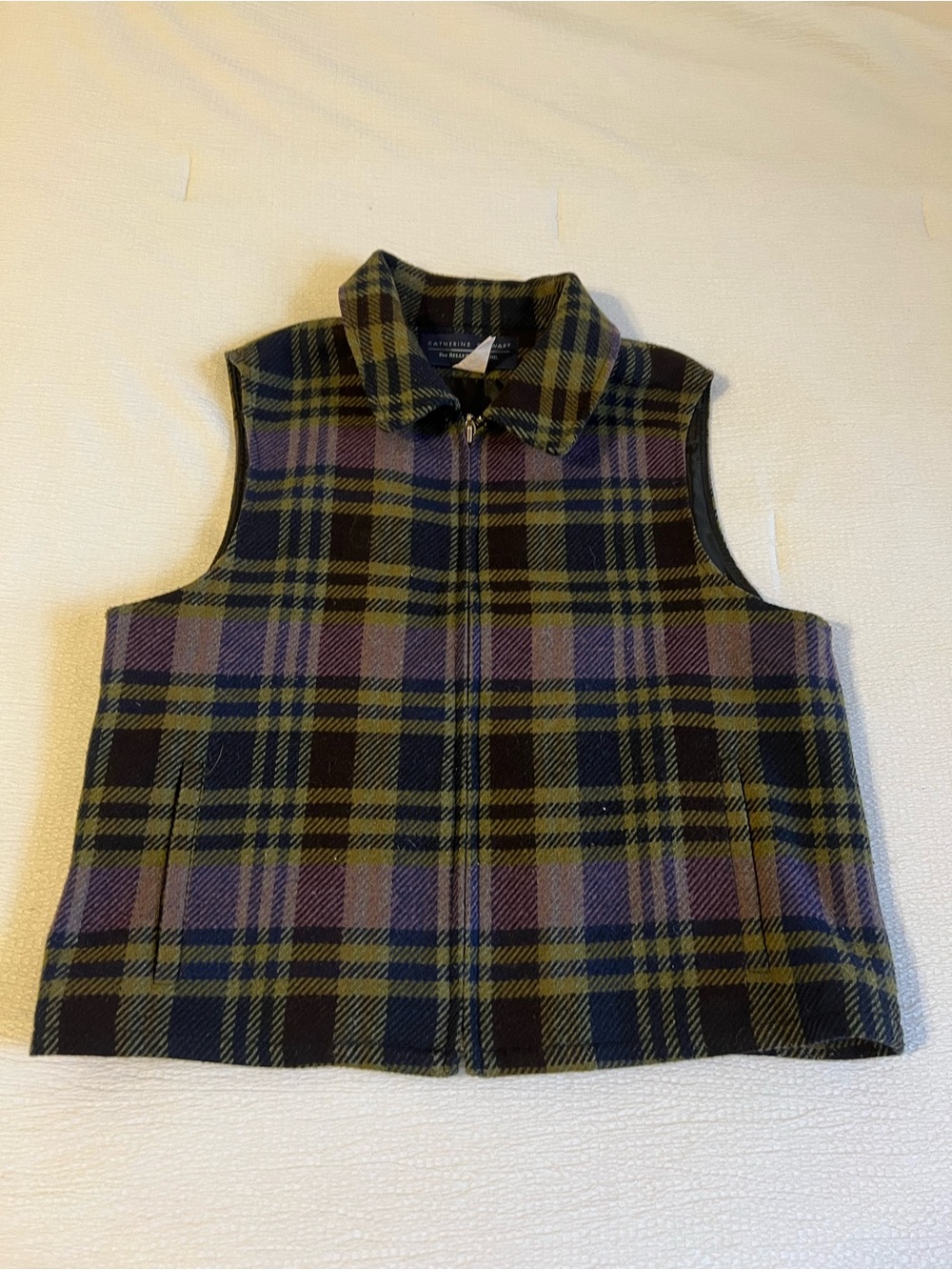 Catherine Stewart Plaid Sleeveless Vest in Olive & Navy
